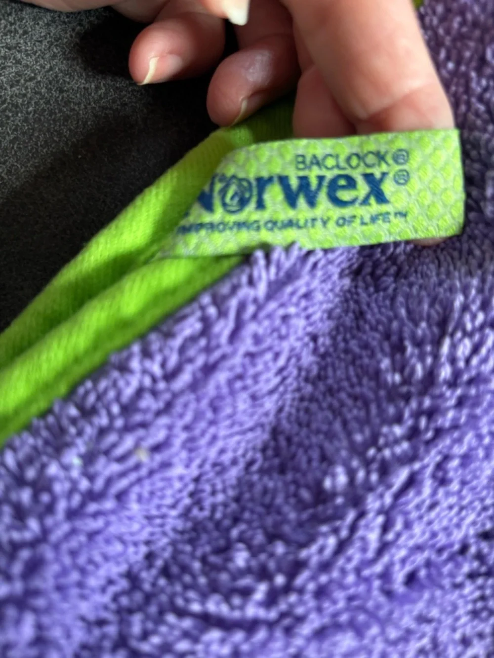 Norwex Kids Bath Towel W/ Baclock Super Soft Purple With Green Trim 47X27 Hook